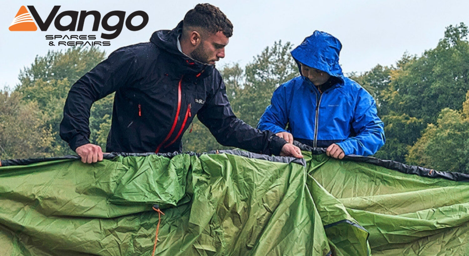 Two people in waterproof jackets assemble a large green tent outdoors in wet weather, with trees in the background. The Vango Spares and Repairs logo is in the corner.