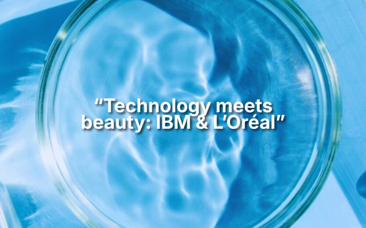 Promotional image for an IBM SkillsBuild microlearning taster titled “Technology meets beauty: IBM & L'Oréal”. The image features a close-up view of a circular laboratory dish or scientific container filled with blue liquid, creating abstract water-like patterns and reflections. Overlaid text reads: “Technology meets beauty: IBM & L'Oréal”. The image highlights the intersection of technology, artificial intelligence and scientific research in the beauty industry, showcasing how innovation can support the development of new products and solutions.