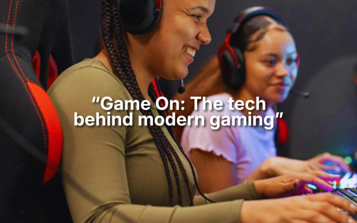 Promotional image for an IBM SkillsBuild microlearning taster titled “Game On: The tech behind modern gaming”. The image shows two people seated at gaming computers wearing headsets and using illuminated keyboards. Gaming chairs and computer equipment are visible, with colourful lighting creating a modern gaming environment. Overlaid text reads: “Game On: The tech behind modern gaming”. The image highlights the technology that powers modern video games, including gaming hardware, software and digital innovation.