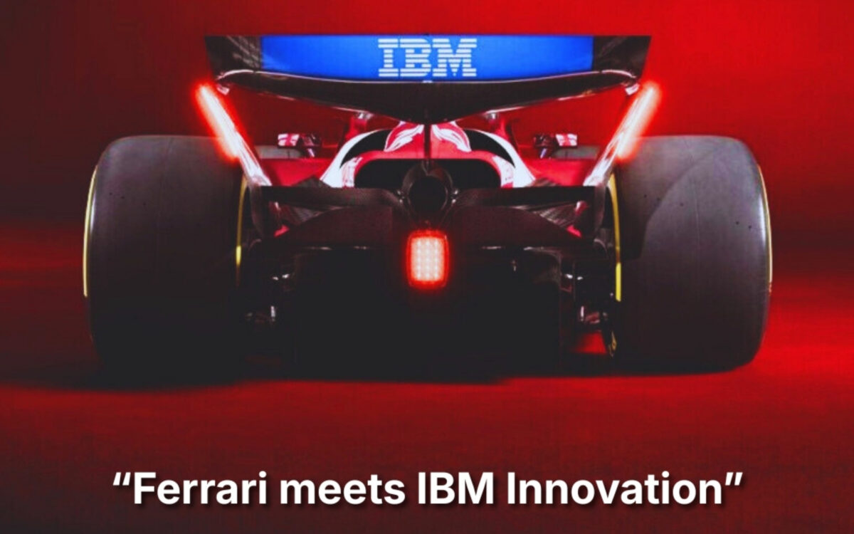Promotional graphic showing the rear view of a Ferrari Formula 1 car illuminated by red lighting, with IBM branding displayed on the rear wing. Text at the bottom reads: “Ferrari meets IBM Innovation”. The image highlights the partnership between Ferrari and IBM, linking motorsport with technology and innovation.