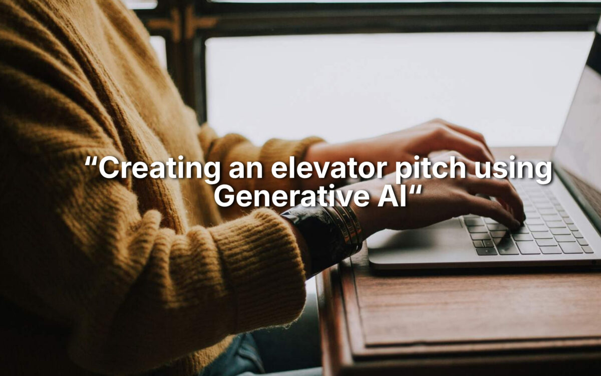 Promotional image for an IBM SkillsBuild microlearning taster titled “Creating an elevator pitch using Generative AI”. The image shows a person typing on a laptop while seated at a desk. The laptop keyboard and hands are in focus, with a softly blurred background creating a professional learning environment. Overlaid text reads: “Creating an elevator pitch using Generative AI”. The image highlights the use of artificial intelligence to support communication skills, personal branding and career development.