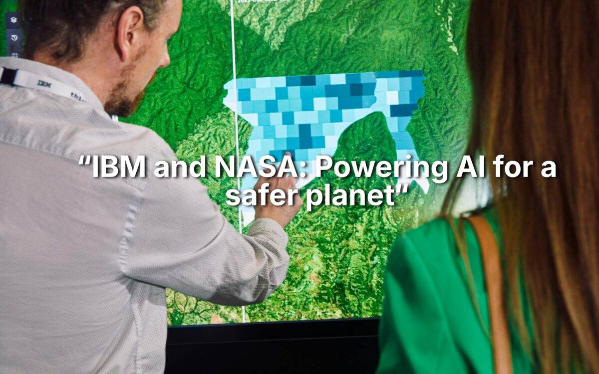 Promotional image for an IBM SkillsBuild microlearning taster titled “IBM and NASA: Powering AI for a Safer Planet”. The image shows two people standing in front of a large digital display showing a satellite-style map with a highlighted blue data area. One person is pointing at the screen while discussing the information displayed. The overlaid text reads: “IBM and NASA: Powering AI for a safer planet”. The image highlights the use of artificial intelligence, data analysis and technology to support environmental monitoring and scientific research.