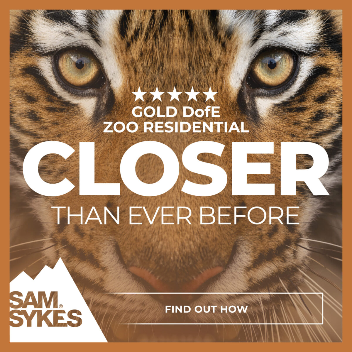 Promotional graphic featuring a close-up photograph of a tiger’s face. Overlaid text reads: “Gold DofE Zoo Residential” and “Closer Than Ever Before.” The Sam Sykes logo appears in the bottom-left corner, and a “Find Out How” call-to-action button is displayed at the bottom. The design uses orange and white branding colours to promote a Gold DofE zoo residential experience.