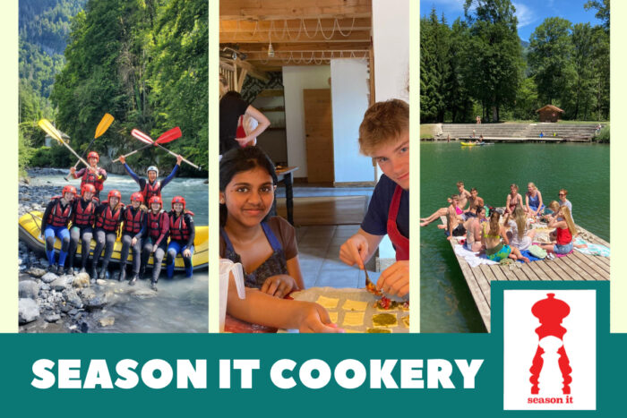 Promotional image for Season It featuring three vertical panels showing outdoor and cookery activities. The left panel shows a group in rafting equipment beside a raft on a river. The centre panel shows two young people preparing food indoors at a table. The right panel shows a group gathered on a lakeside jetty surrounded by trees and mountains. A large banner across the bottom reads “SEASON IT COOKERY”, with the Season It logo displayed in the lower-right corner.