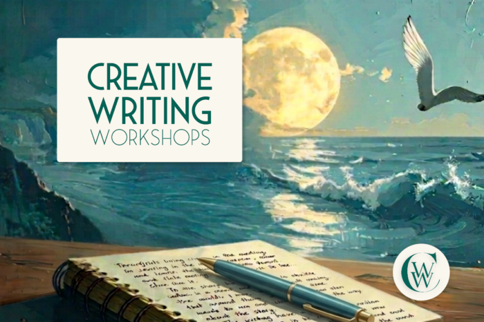 Illustrated promotional graphic for Creative Writing Workshops. A notebook with handwritten notes and a pen sits in the foreground, overlooking a moonlit ocean scene with waves, coastal cliffs and a bird in flight. Text reads “Creative Writing Workshops”, with a circular CW logo displayed in the bottom-right corner.