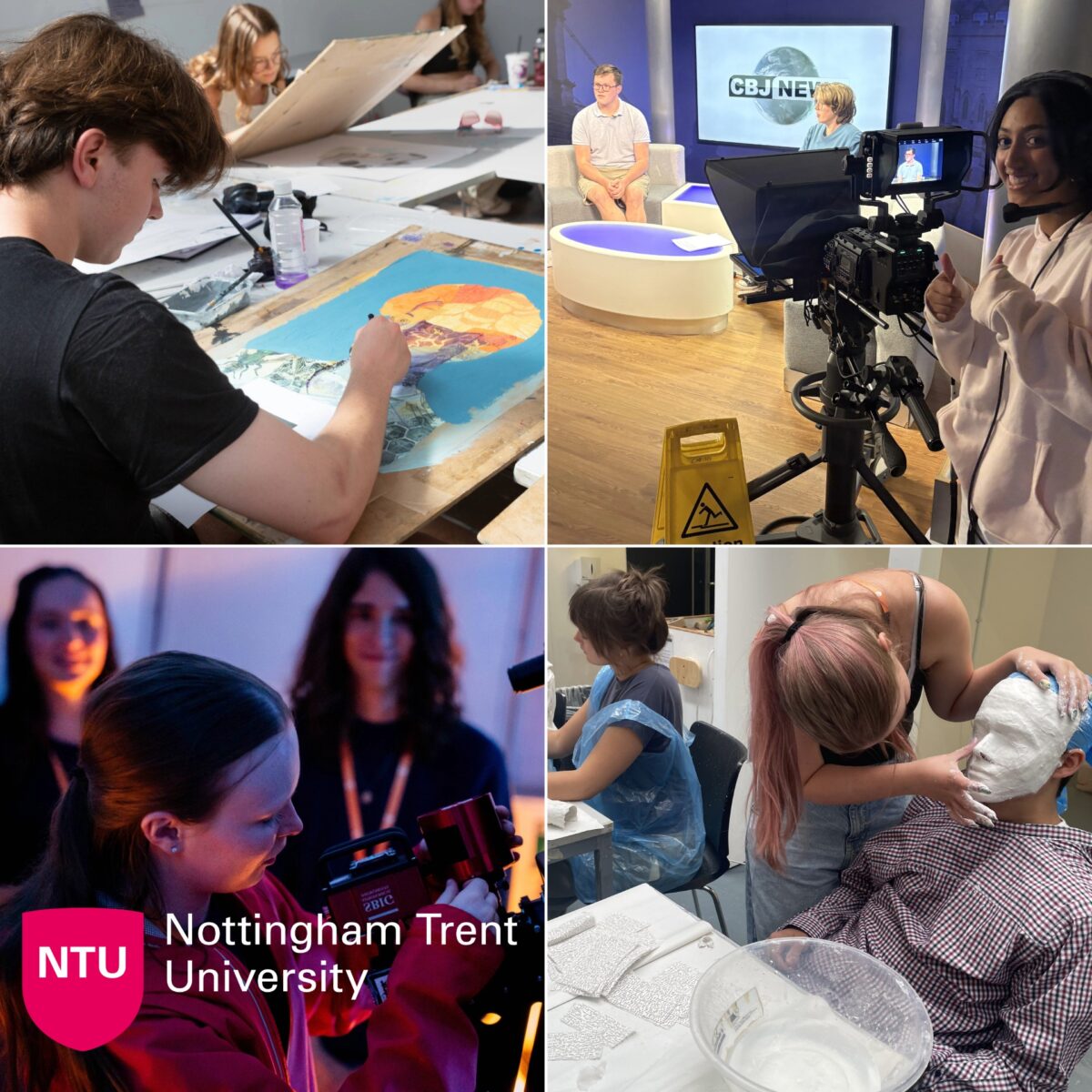 Collage of Nottingham Trent University creative arts and media activities. Images show students working on artwork in a studio, operating television production equipment in a broadcast studio, using photography equipment in a low-light setting, and creating a plaster face cast in a specialist workshop. The Nottingham Trent University (NTU) logo appears in the bottom-left corner.