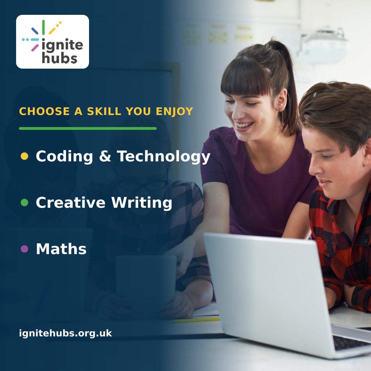 Ignite Hubs promotional graphic showing young people using a laptop in a learning environment. The Ignite Hubs logo appears in the top left corner. Text reads: “Choose a skill you enjoy” followed by “Coding & Technology”, “Creative Writing” and “Maths”. The website address “ignitehubs.org.uk” appears at the bottom left.