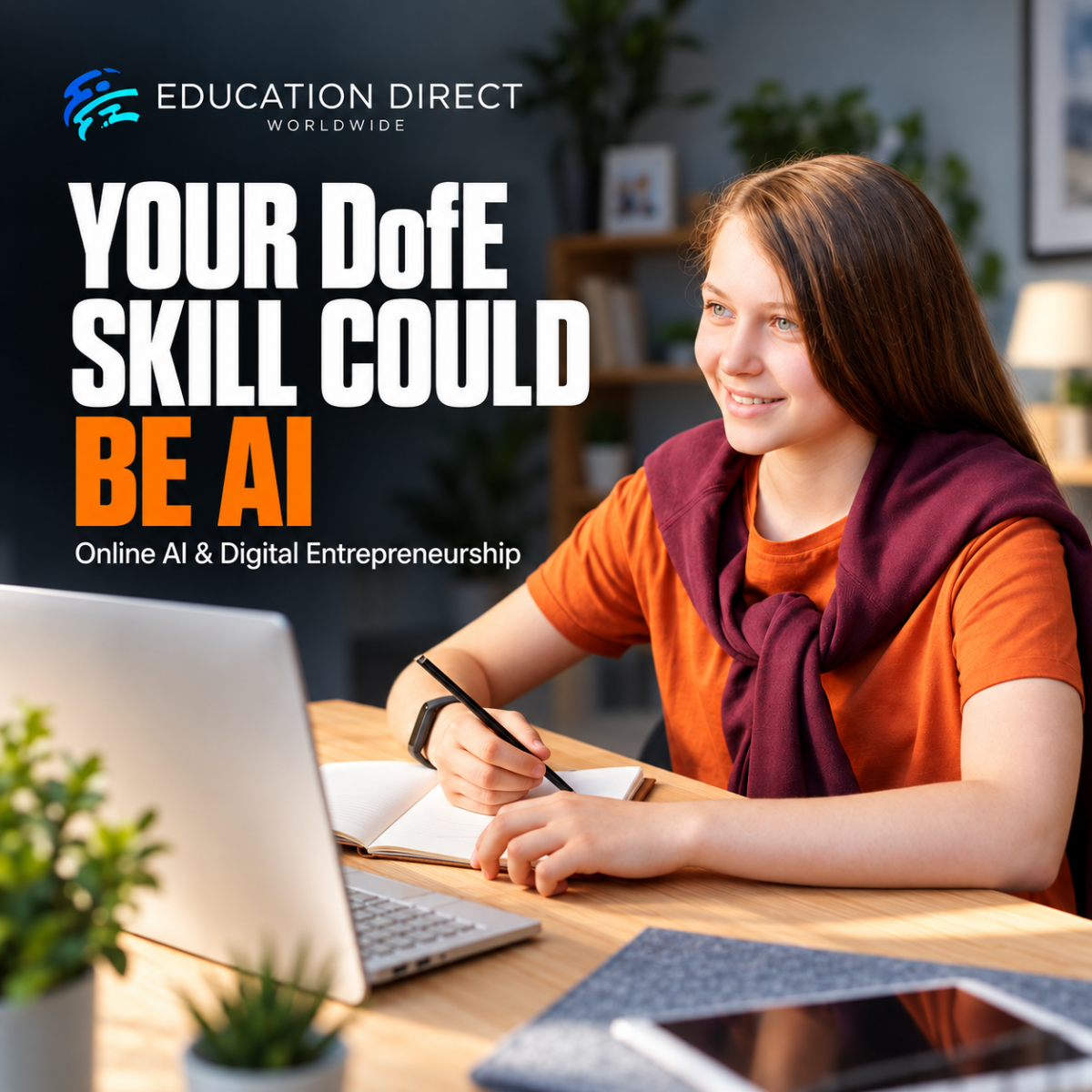 Education Direct Worldwide promotional graphic showing a young person using a laptop and taking notes at a desk. The Education Direct Worldwide logo appears in the top left corner. Text reads: “YOUR DofE SKILL COULD BE AI” followed by “Online AI & Digital Entrepreneurship.” A notebook, tablet and potted plants are visible on the desk in a home-study setting.