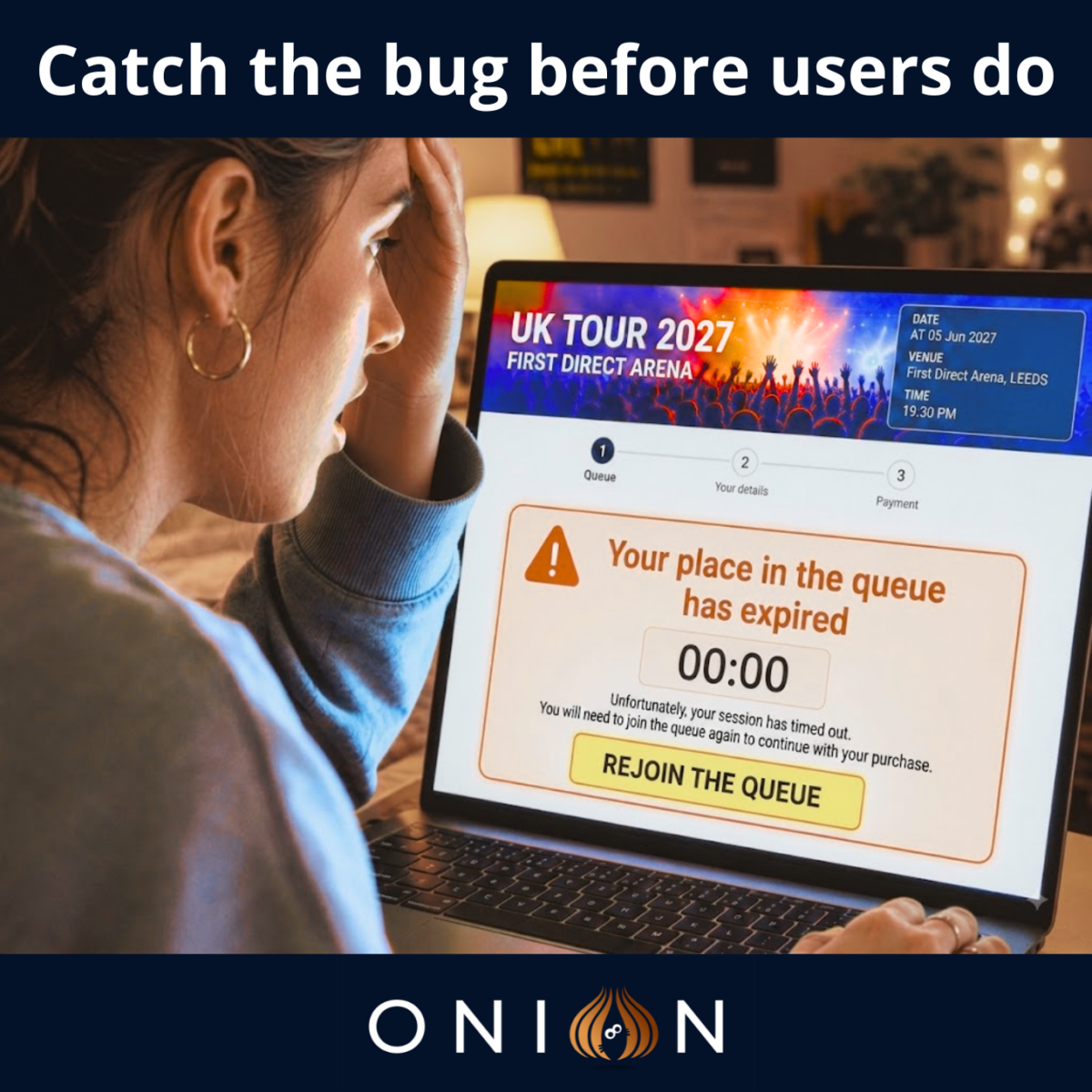 Onion Training promotional graphic showing a person using a laptop displaying an online ticket booking queue screen. The screen features a warning message stating that the user's place in the queue has expired and includes a 