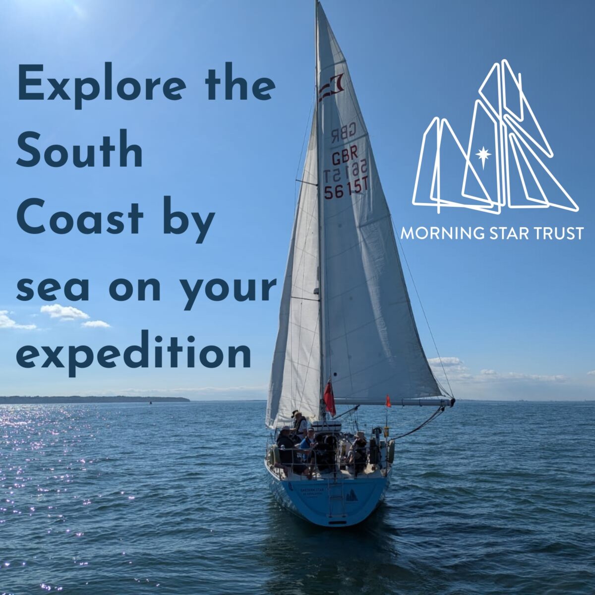 A promotional image for Morning Star Trust showing a sailing yacht on open water under a clear blue sky. Several people are onboard the yacht, which has its sails raised and is travelling along the sea. Large text on the left reads: 
