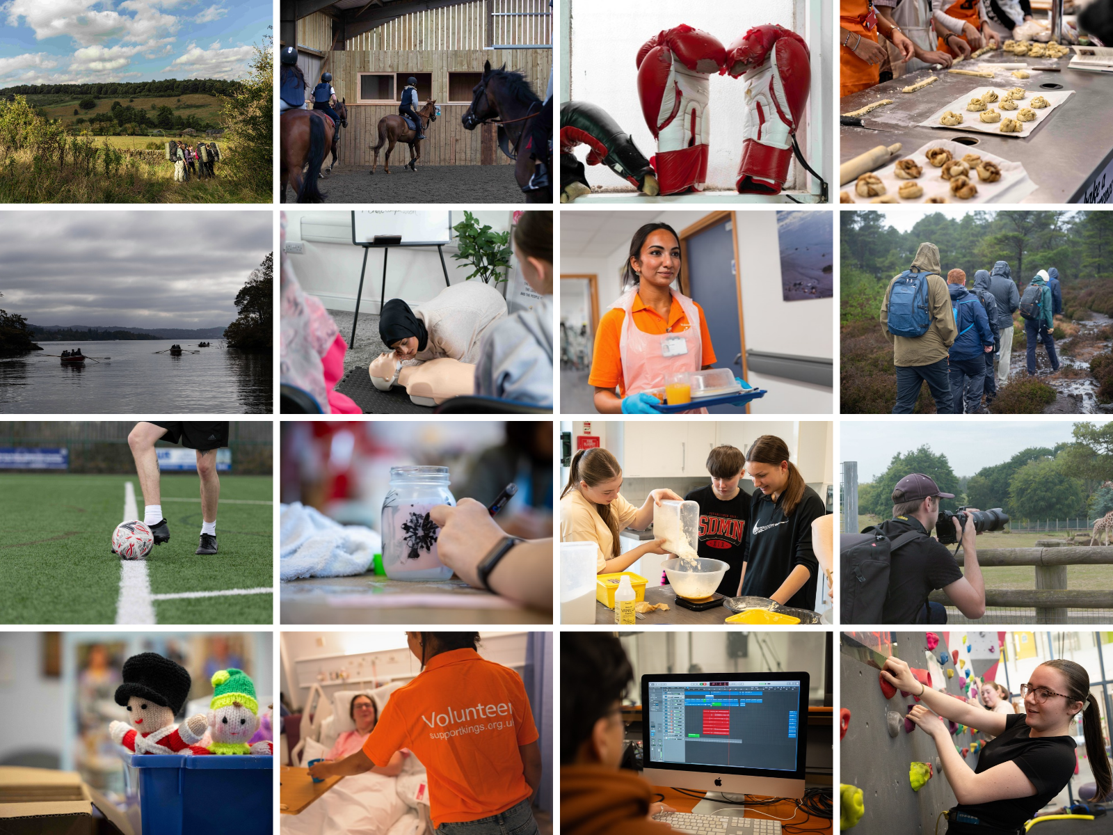 Collage of DofE activities, including expedition hiking, horse riding, boxing, baking, rowing, first aid training, arts and crafts, football, volunteering, photography, music production and climbing.