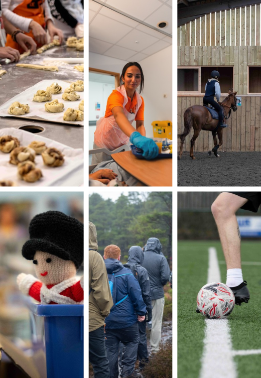 Collage of DofE activities, including expedition hiking, horse riding, boxing, baking, rowing, first aid training, arts and crafts, football, volunteering, photography, music production and climbing.