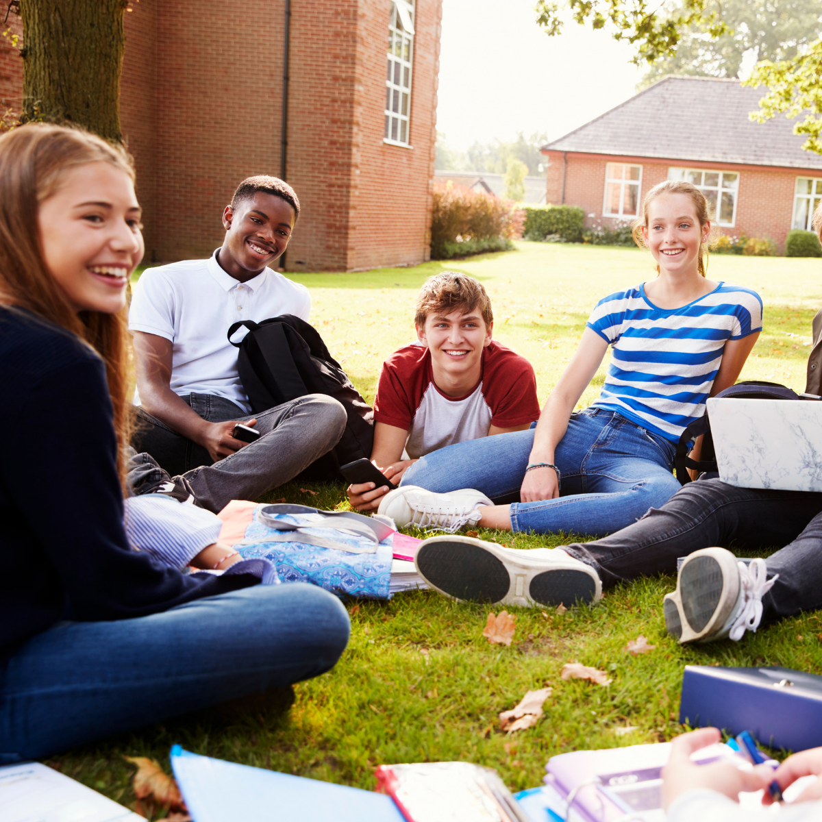 Group of young people smiling sat on the grass