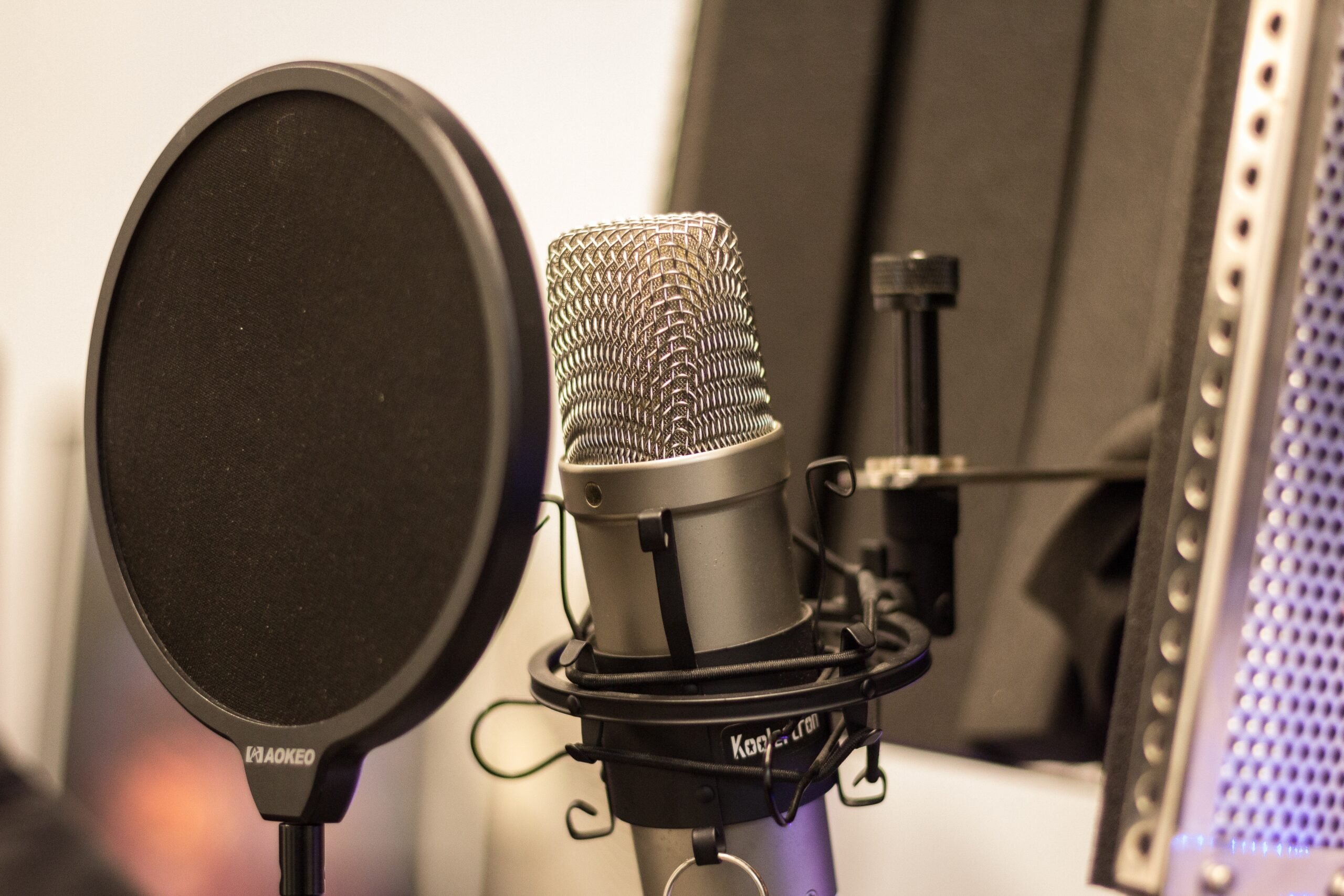 Close-up shot of a microphone and pop filter.