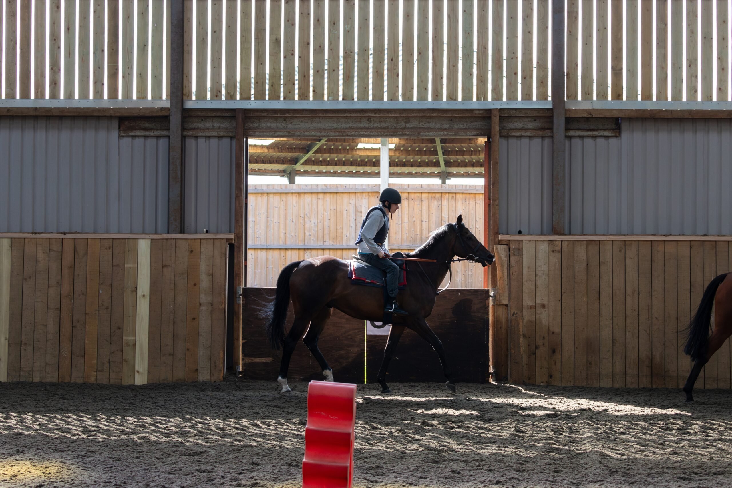 A young person riding a horse on an indoor track.